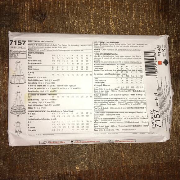 Simplicity Sewing Pattern 7157 Vintage Closet Slip Camisole Bloomers 6-12 UNCUT - Picture 2 of 2
